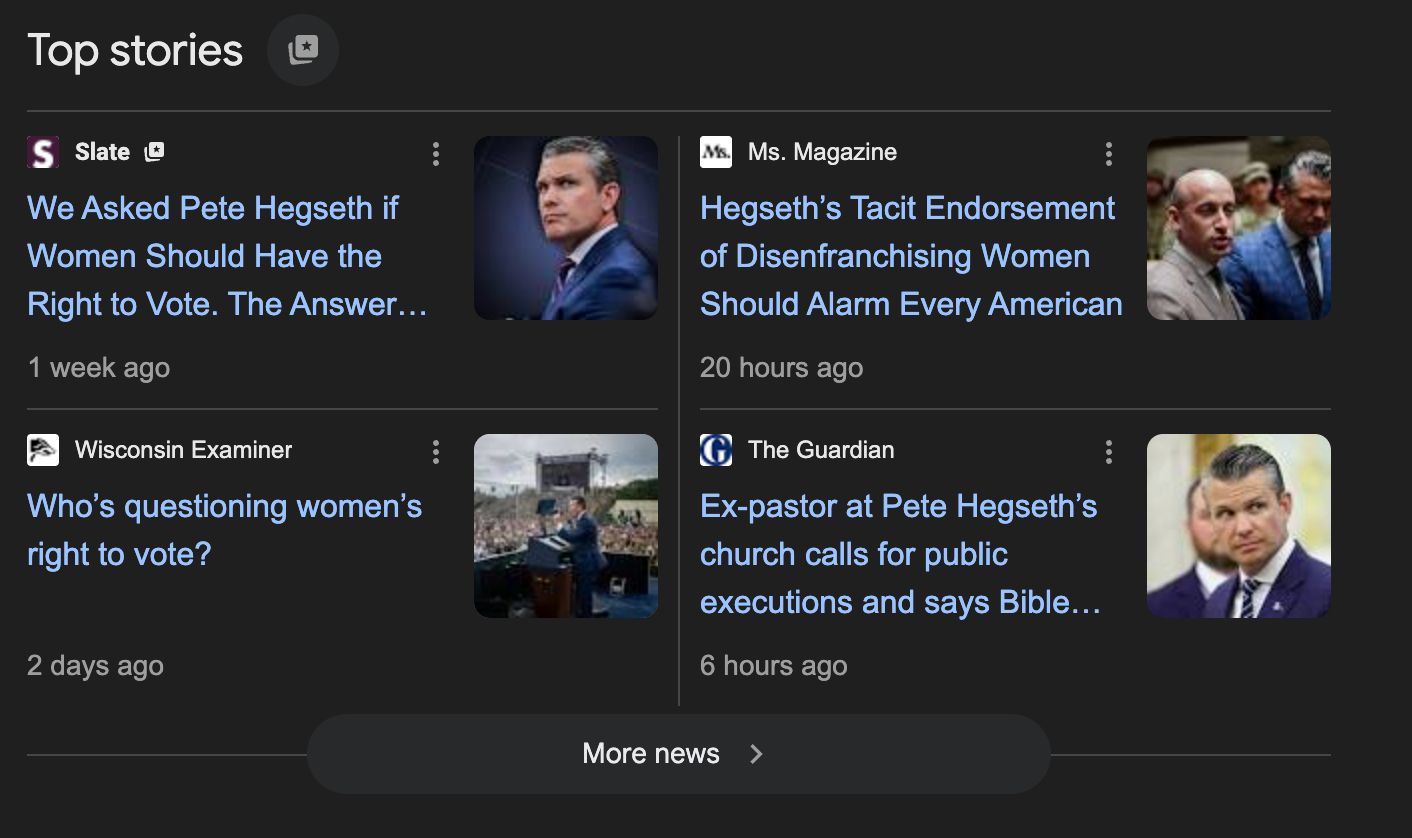 A screenshot of Google search results for stories about Pete Hegseth