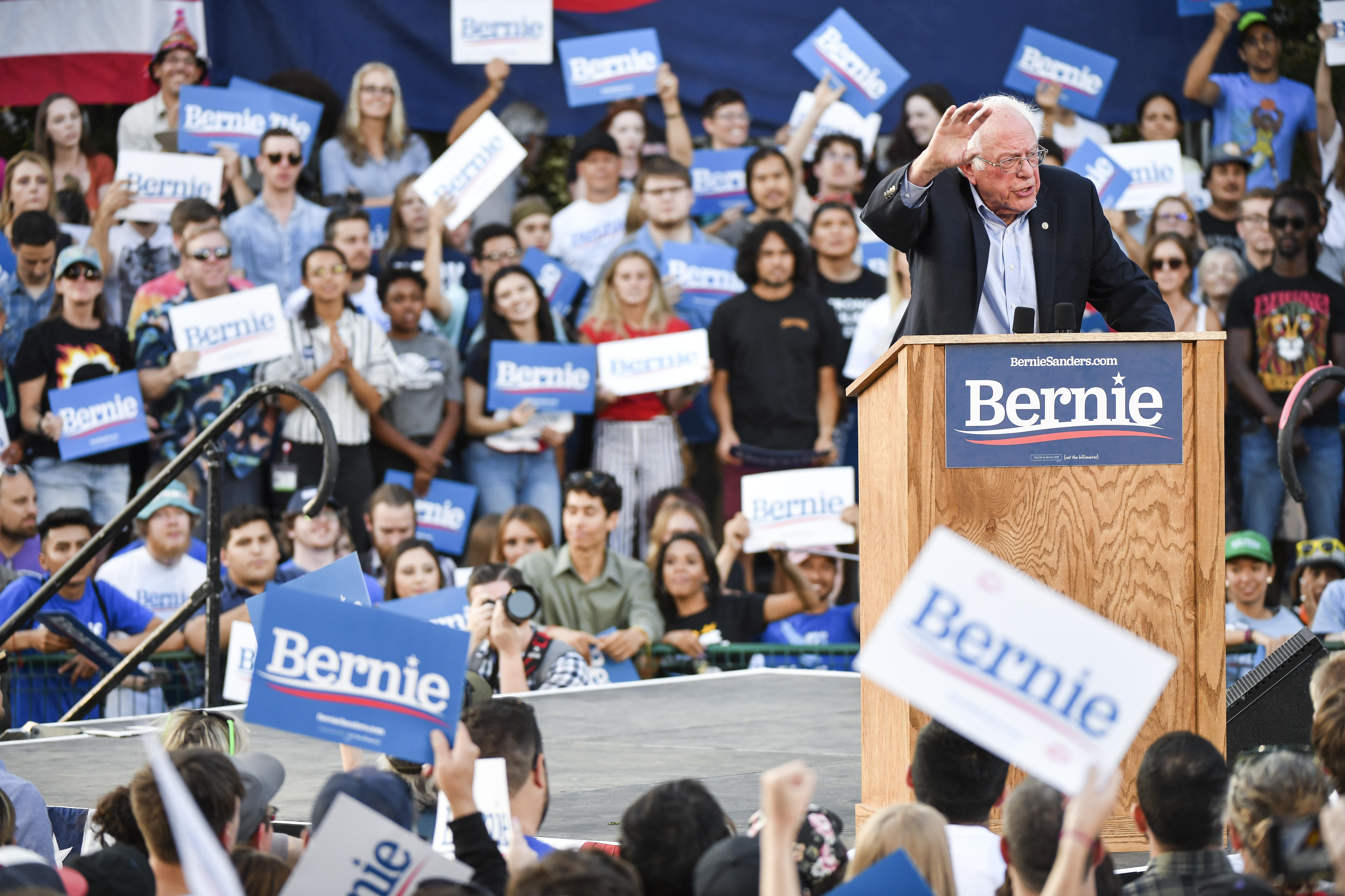 Bernie Sanders speaks to supporters at a rally.
