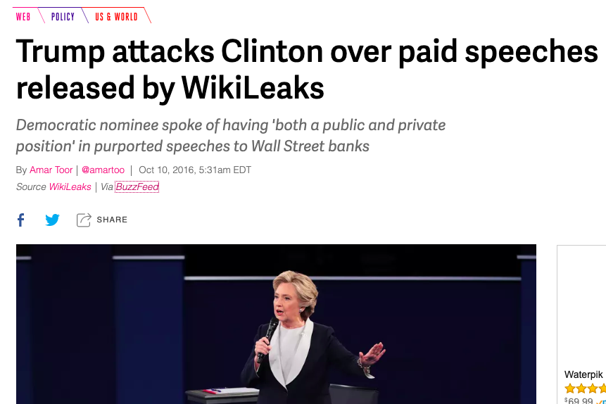 Screenshot of a news article titled "Trump attacks Clinton over paid speeches released by WikiLeaks." The speeches in question involved Wall Street firms.