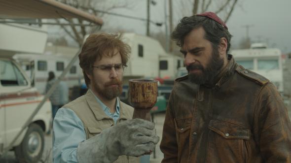 The title character (Sam Rockwell) and Boaz (Jemaine Clement) in Don Verdean.
