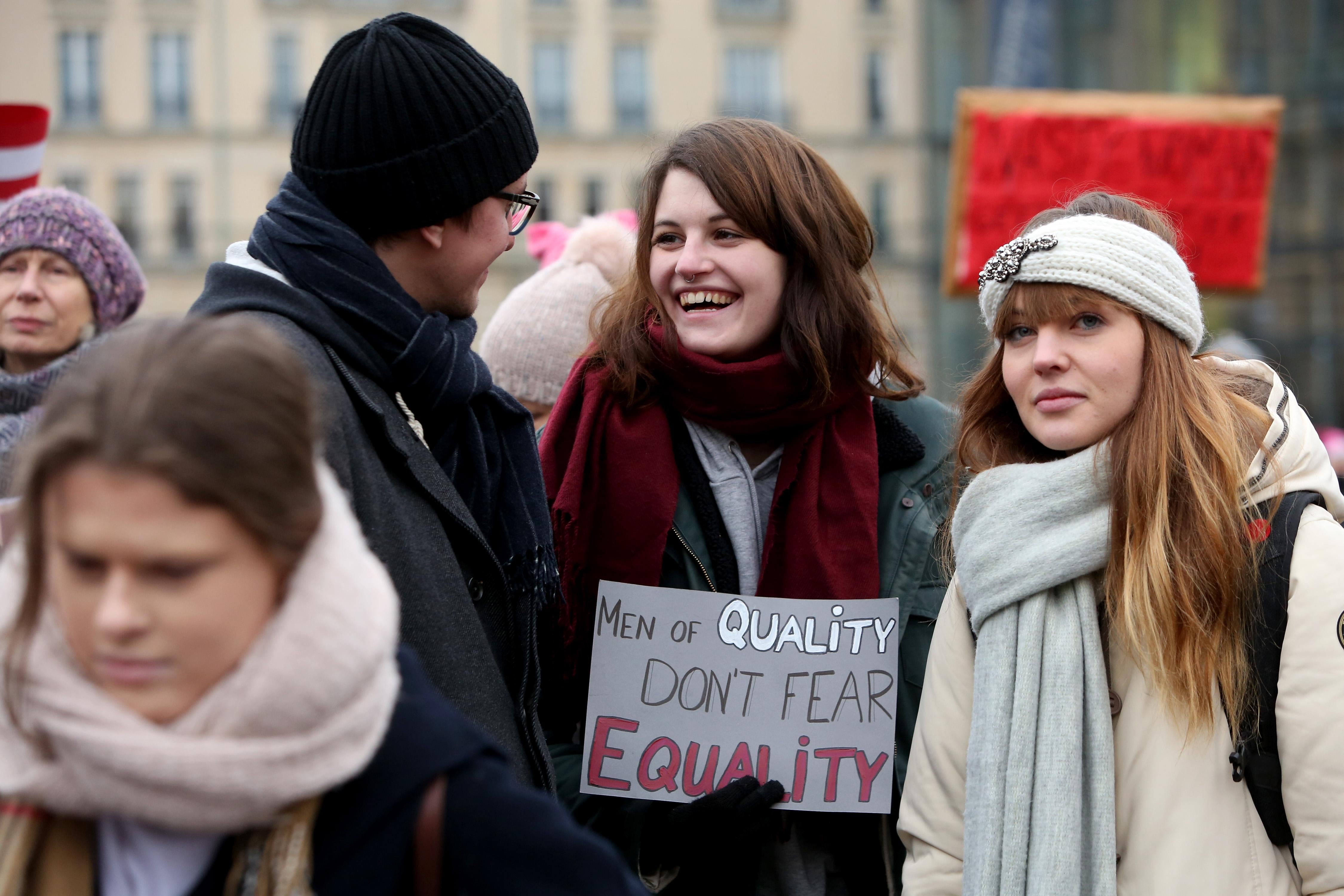 Activists participate in a demonstration for women's rights on January 21, 2018 in Berlin, Germany. 