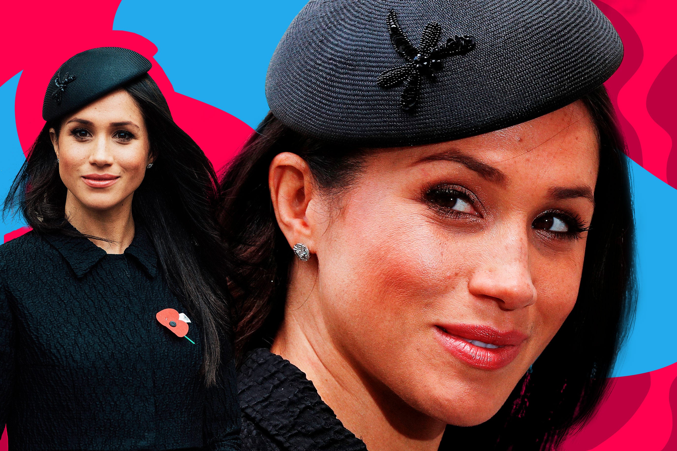 Photo illustration: two photos of Meghan Markle against a colorized background.