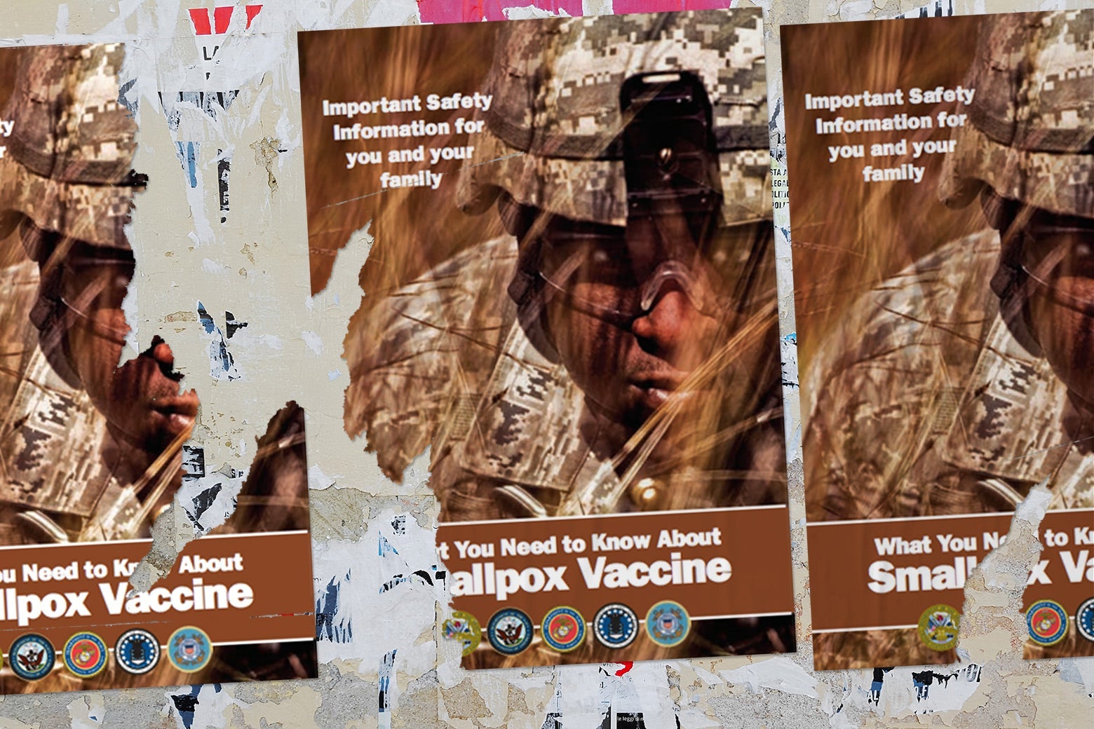 A collage of torn smallpox vaccine posters