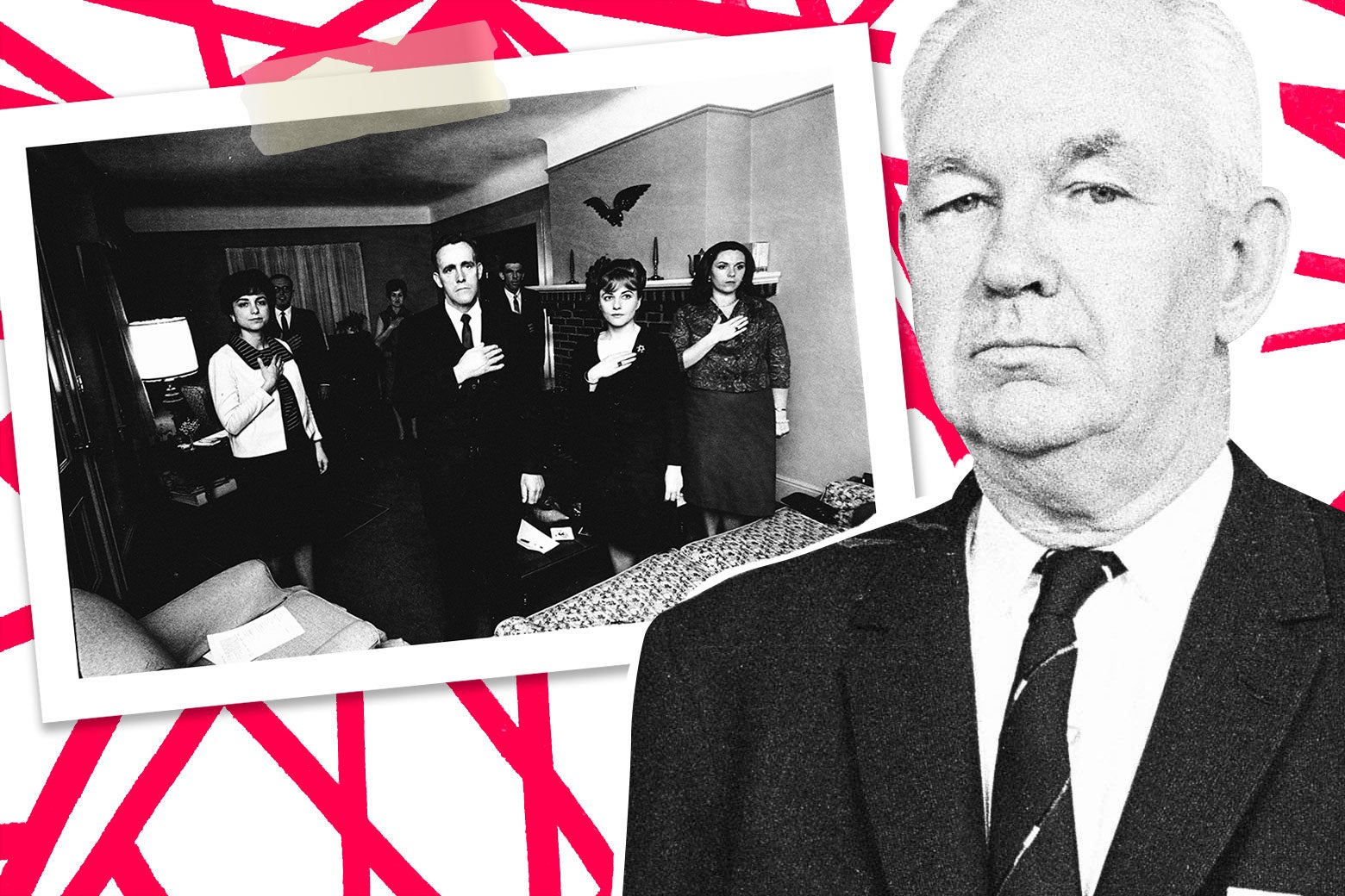 A collage including members of the John Birch Society along with Robert Welch, the director of the John Birch Society.