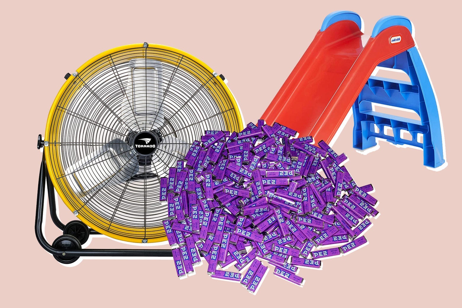 A pile of grape Pez candy, a large fan, and a plastic slide.