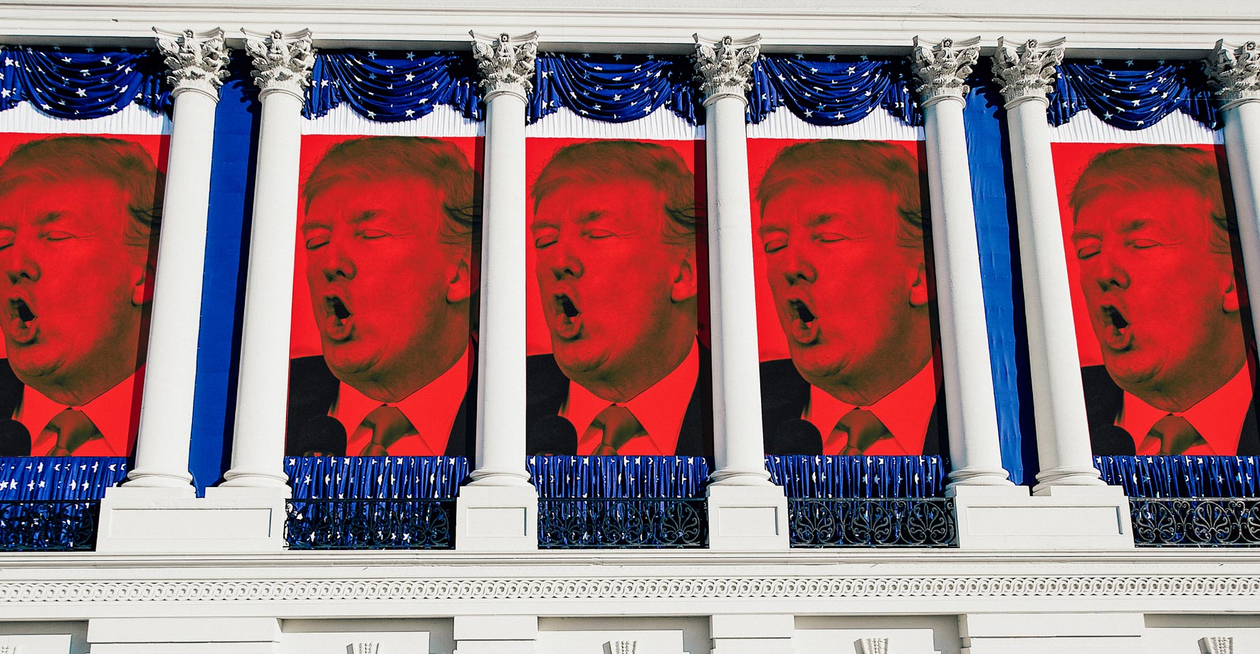Photo illustration of banners with Trump's face hanging from the columns of the US Capitol building.