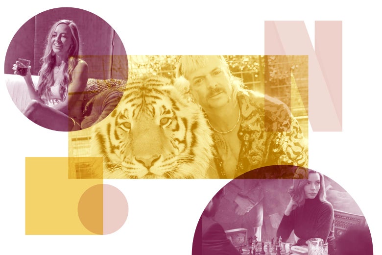 Collage of images from Netflix shows The Queen's Gambit, Love Is Blind, and Tiger King.