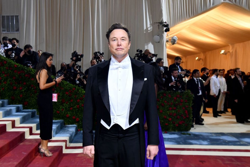 Elon Musk stands somewhat awkwardly in a tuxedo on the side of an outdoor red carpet that leads up a set of stairs, staring straight ahead.