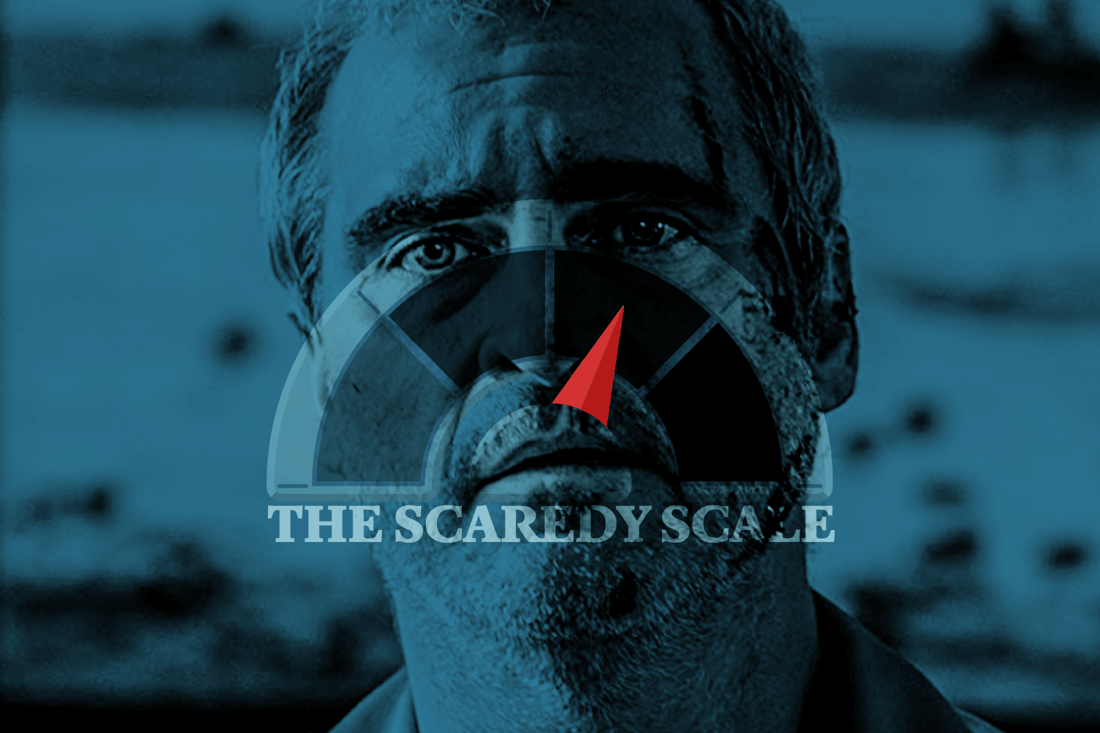 A still of Joaquin Phoenix's pace, looking concerned and a little scraped up, while in front of it is photoshopped a twitching meter and the words "The Scaredy Scale"