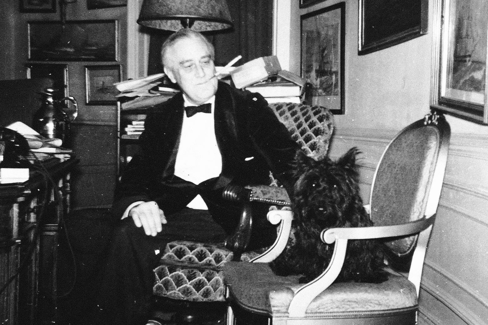 Franklin Delano Roosevelt and Fala, sitting in the White house.