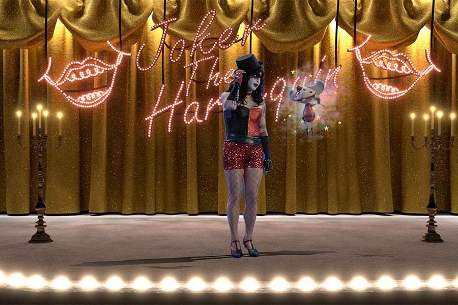 A woman in a bustier and sequined shirt stands on stage in front of neon reading "Joker the Harlqeuin"
