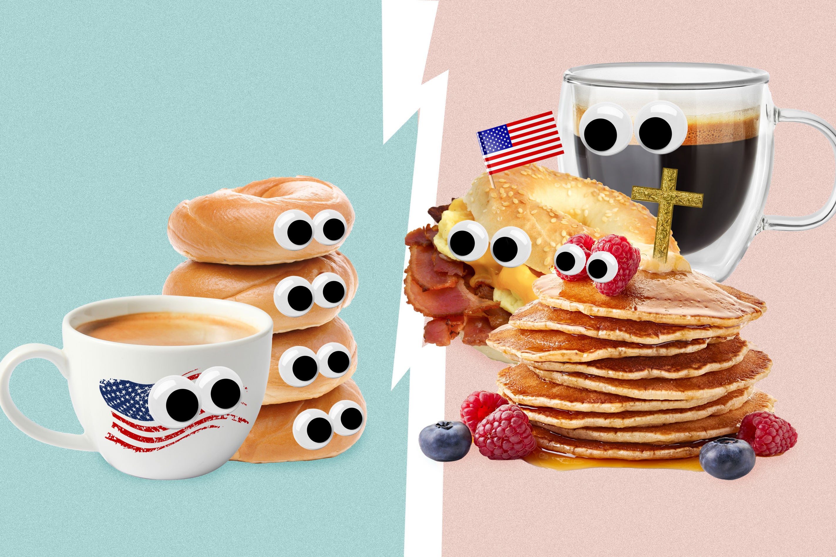 Breakfast foods with googly eyes, looking at each other.