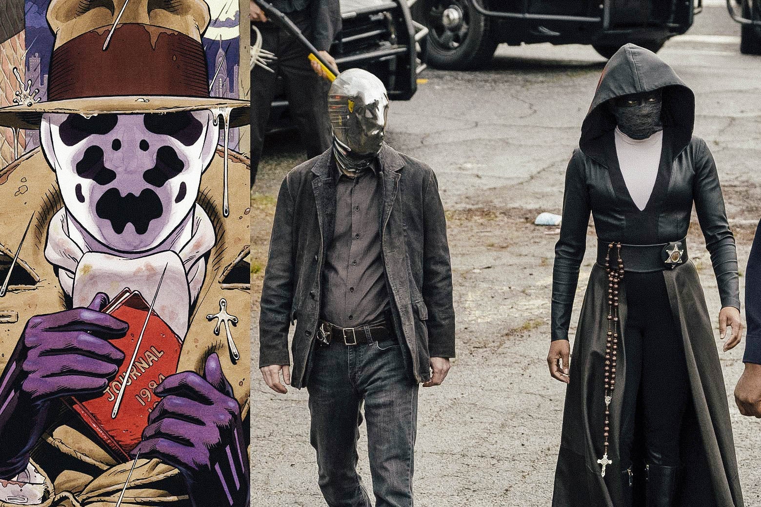 A panel of Rorschach from the Watchmen comic next to a still of Tim Blake Nelson and Regina King as masked, costumed cops in the HBO adaptation.