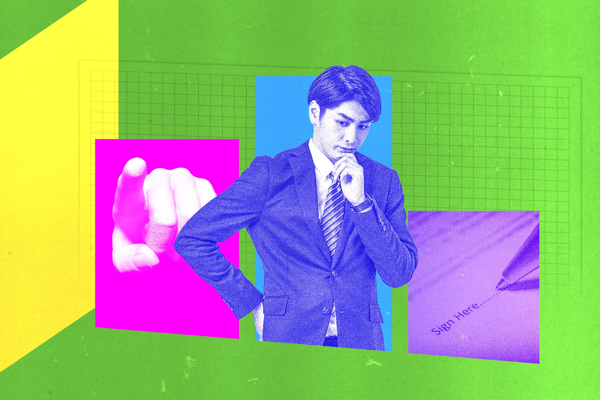 Photo collage with a man in a business suit looking thoughtful, a pointing finger, a contract signature line.