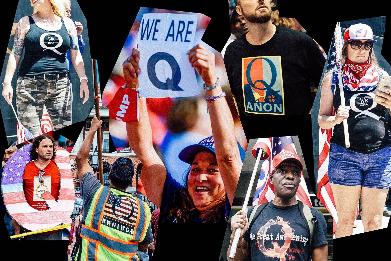 Photo collage of QAnon supporters wearing Q clothing.