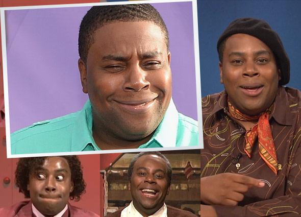 Clockwise from top left, Kenan Thompson as himself, as SNL's Jean K. Jean, as SNL's Grady Wilson, and in MTV's What Up With That host. 