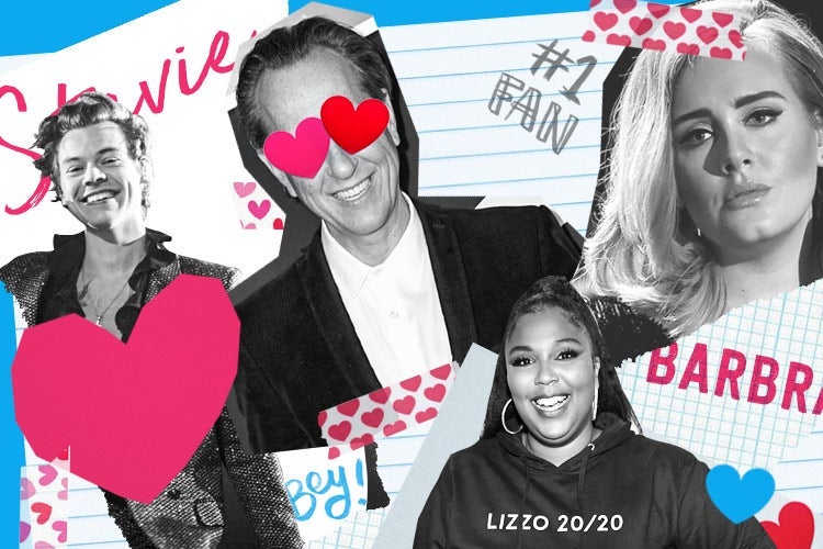 Collage of photos of Harry Styles, Richard E. Grant, Lizzo, and Adele, with hearts sprinkled throughout.