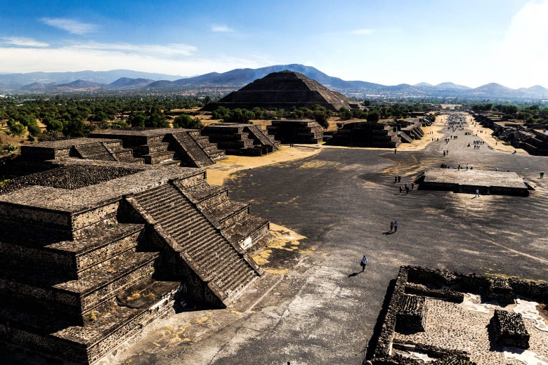 View from the Moon Pyramid to the Road of the Dead in the ancient Teotihuacán Pyramids in Mexico.