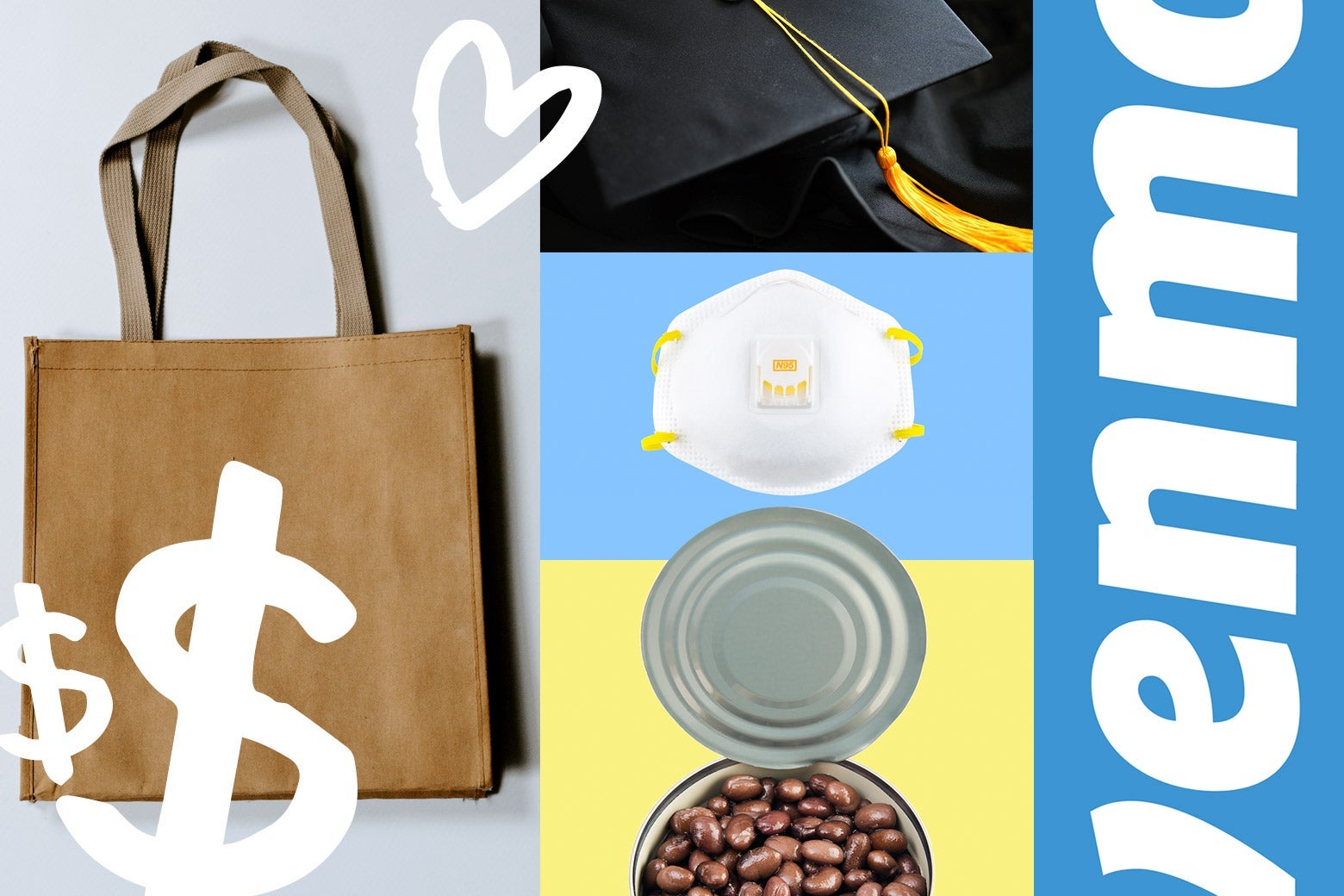 A collage depicting a tote bag, a graduation cap, an N95 mask, a can of beans and the Venmo logo.