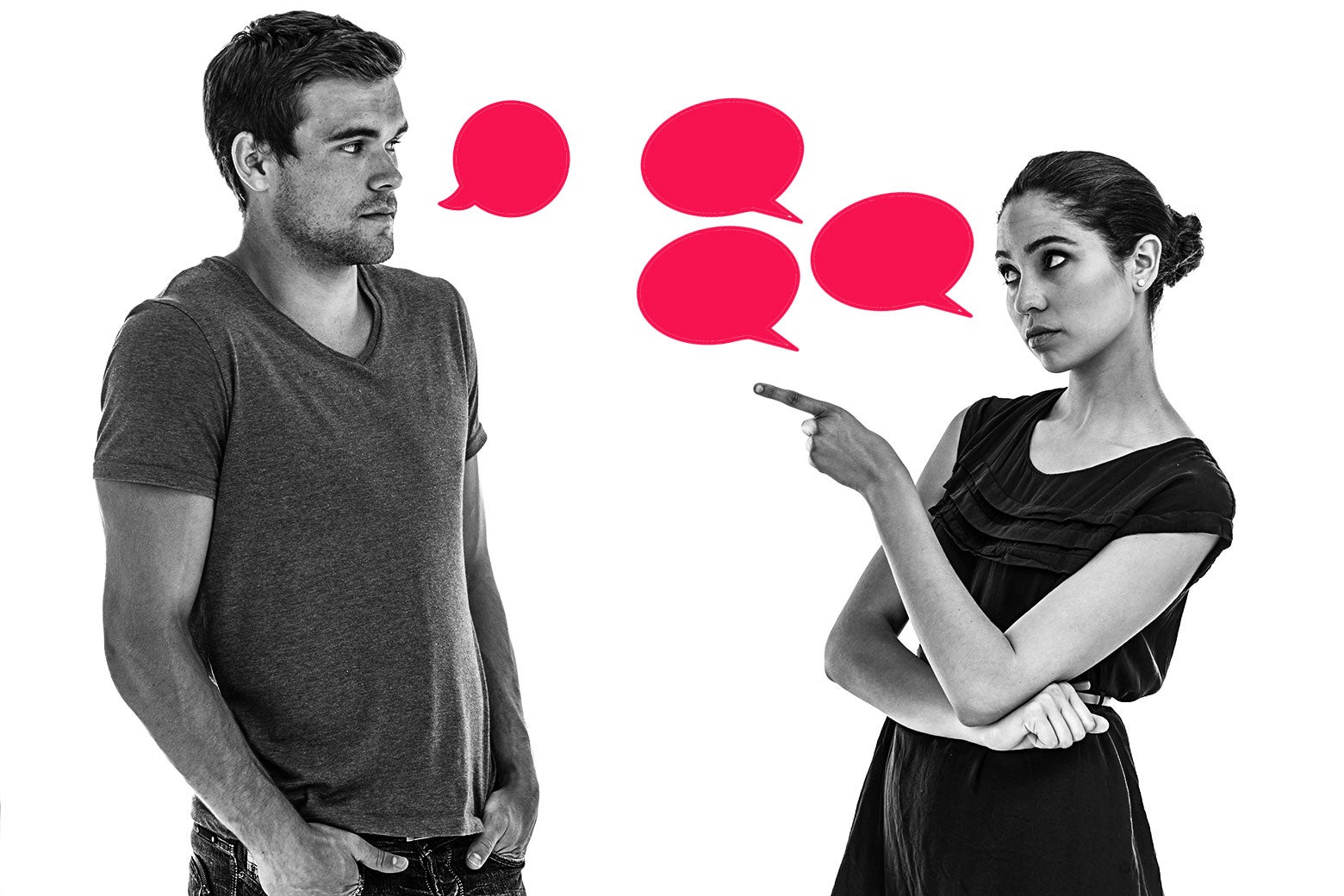 Woman pointing over at a man.