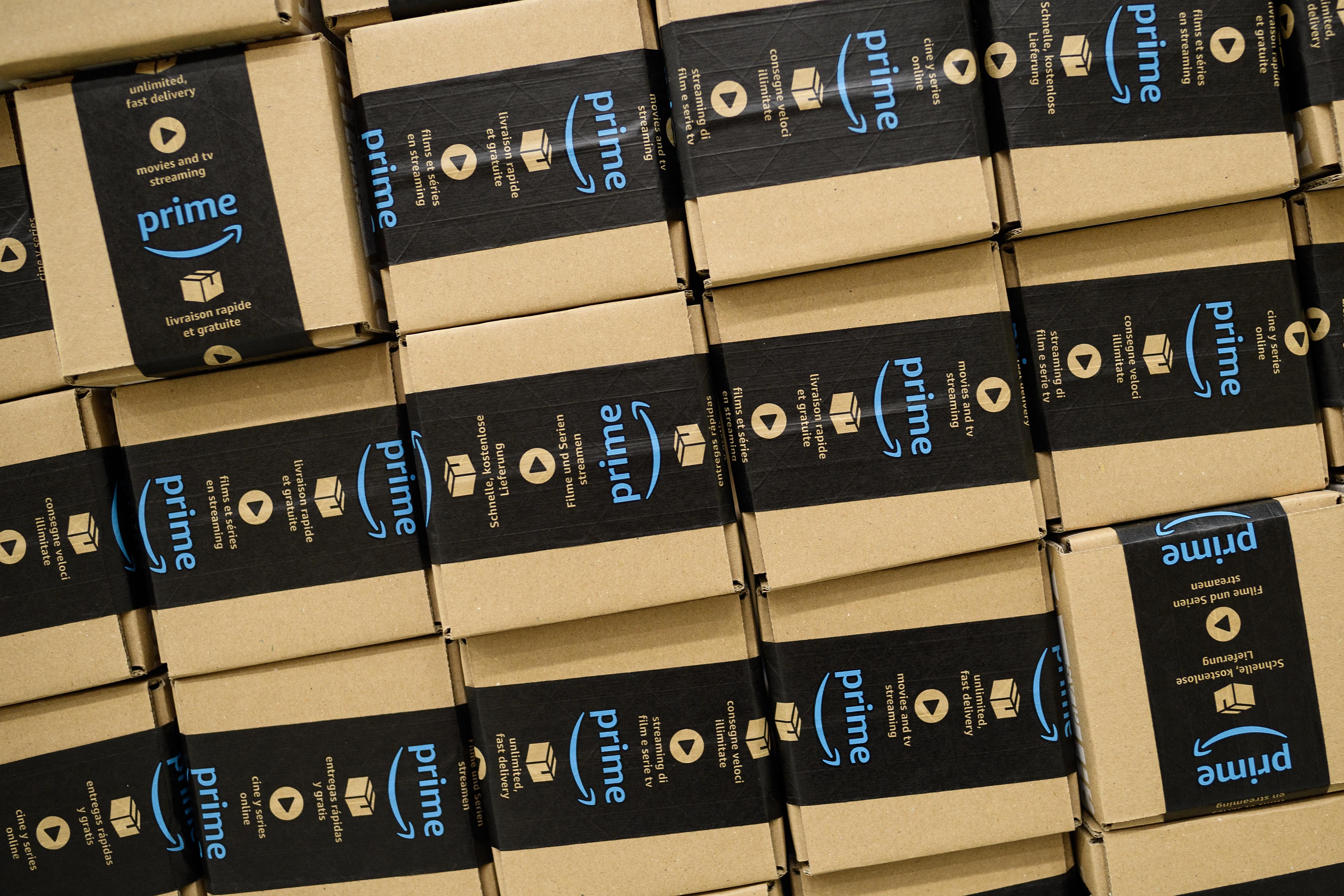 A close-up of a packaged Amazon Prime item in the Amazon Fulfilment centre.