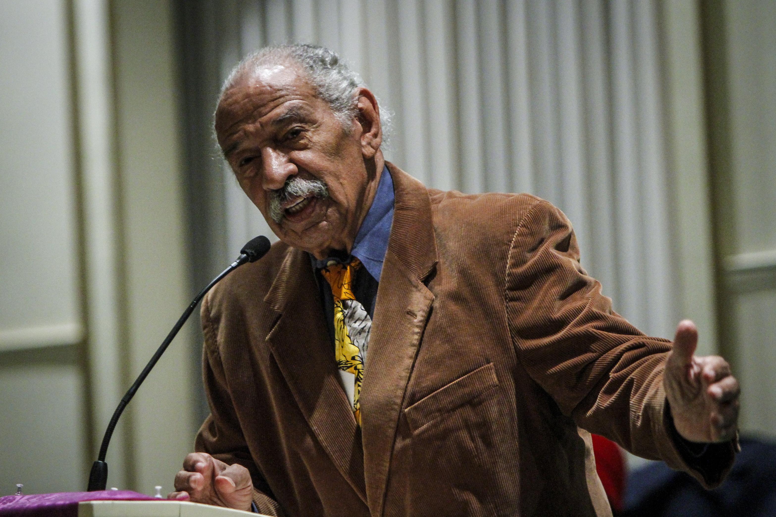 DETROIT, MI - DECEMBER 22:  U.S. Rep. John Conyers, (D-MI), speaks at a town hall meeting for Congressman Keith Ellison at the Church of the New Covenant-Baptist on December 22, 2016 in Detroit, Michigan. Ellison, a candidate to lead the Democratic National Committee, spoke at the church where his brother Brian is a pastor.  (Photo by Sarah Rice/Getty Images)