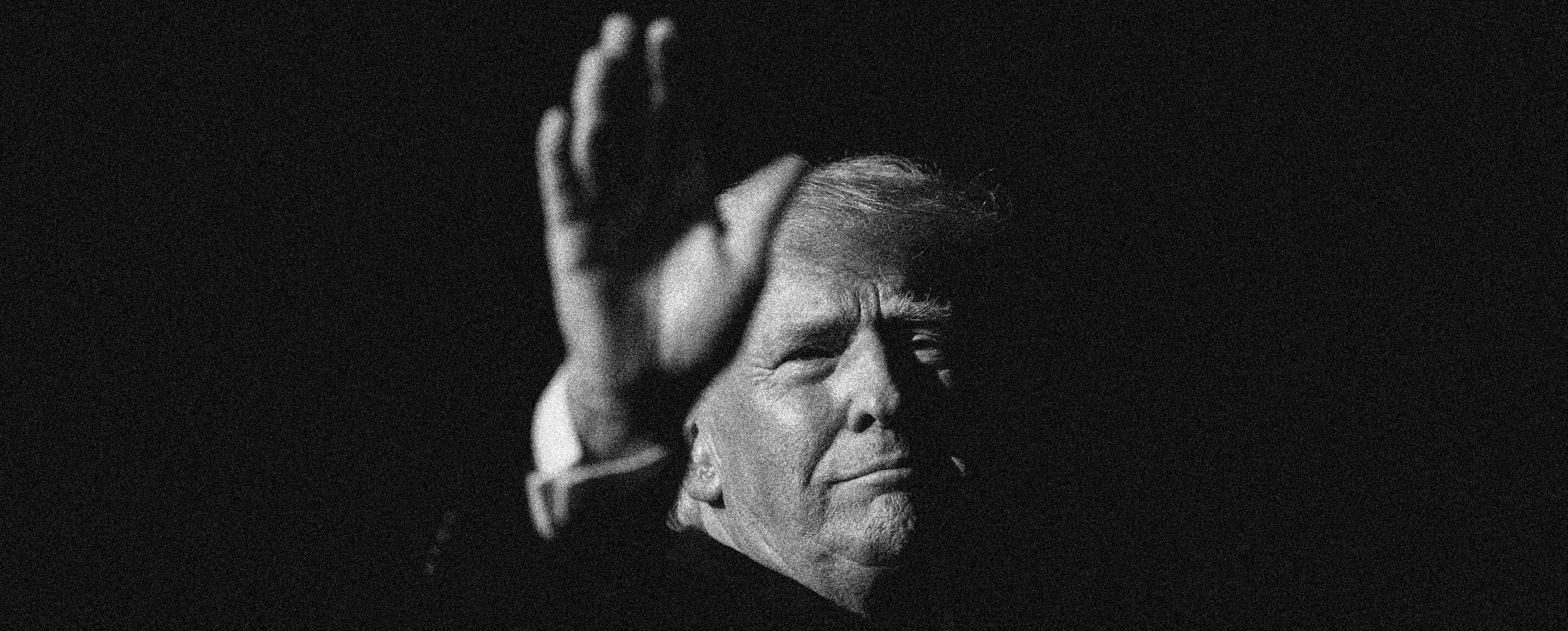 Donald Trump, in black and white, waving. 