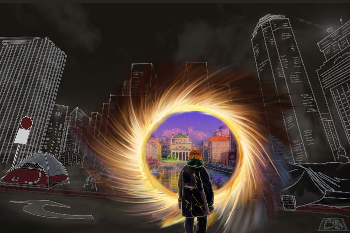 A gentleman in a black and white world looking into a portal containing a city in full color.