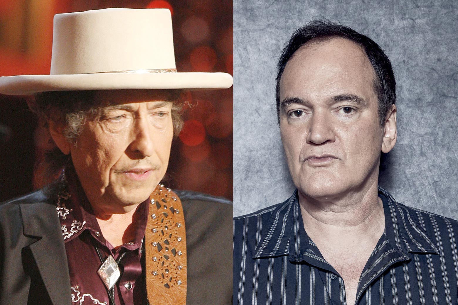 Bob Dylan wears a beige hat and bolo tie and plays guitar; Quentin Tarantino against a dark background wearing a black pinstriped shirt. 