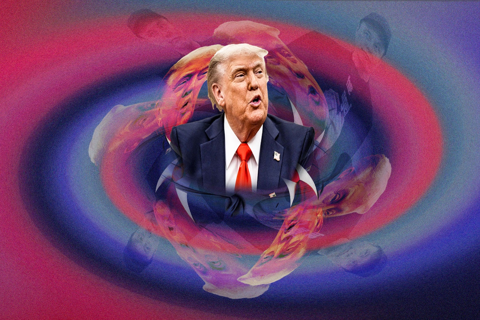 Trump talking in front of a psychedelic vortex.