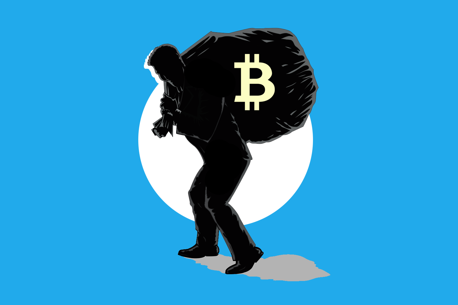 Photo illustration of a robber carrying a bag marked with a bitcoin symbol instead of cash