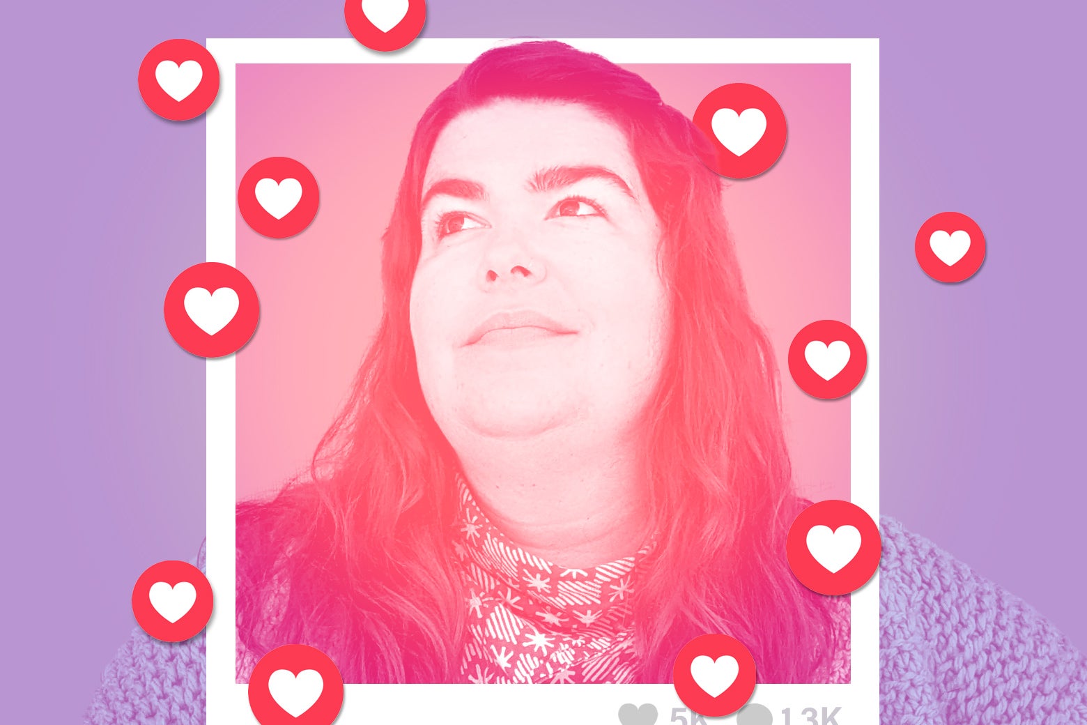 Author Elizabeth Endicott is seen looking upward as she's surrounded by Instagram heart likes on a purple background. 