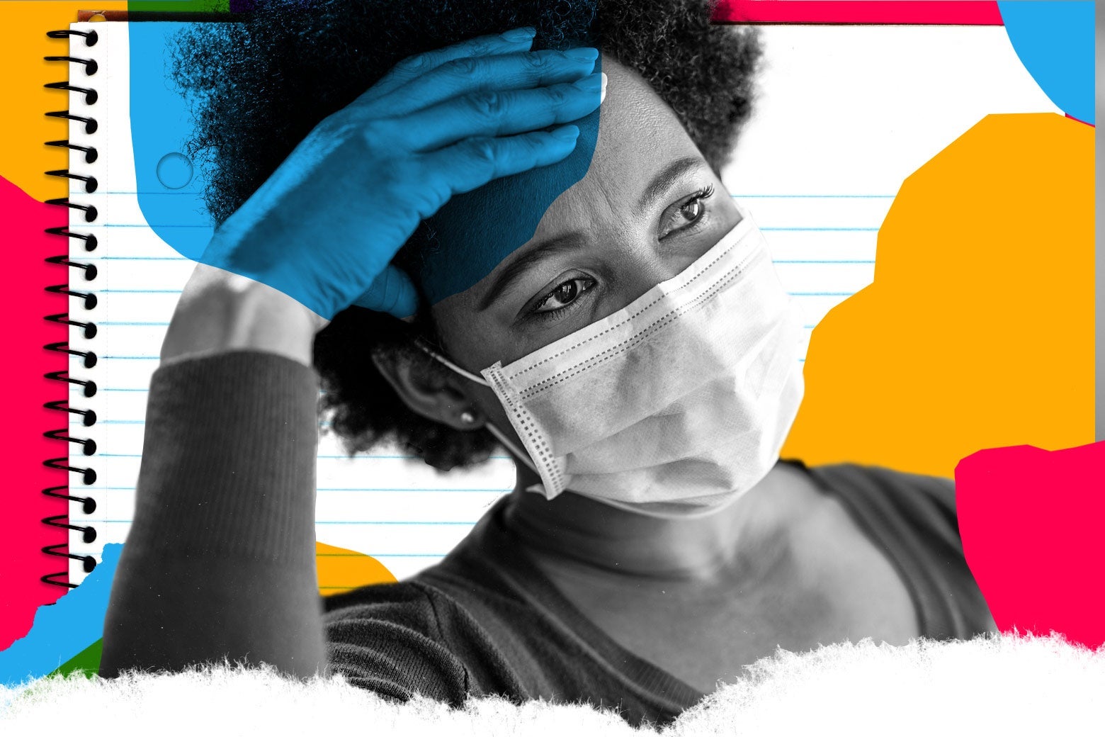 A woman with a surgical mask on holds her head in her hand.