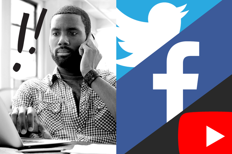 Photo collage of a man at his laptop while complaining on the phone, and the Twitter, Facebook, and YouTube logos.
