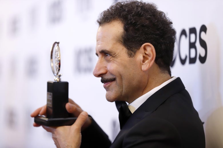 Tony Shalhoub, winner of the Tony award for Best Performance by an Actor in a Leading Role in a Musical for The Band’s Visit, poses with his new trophy.