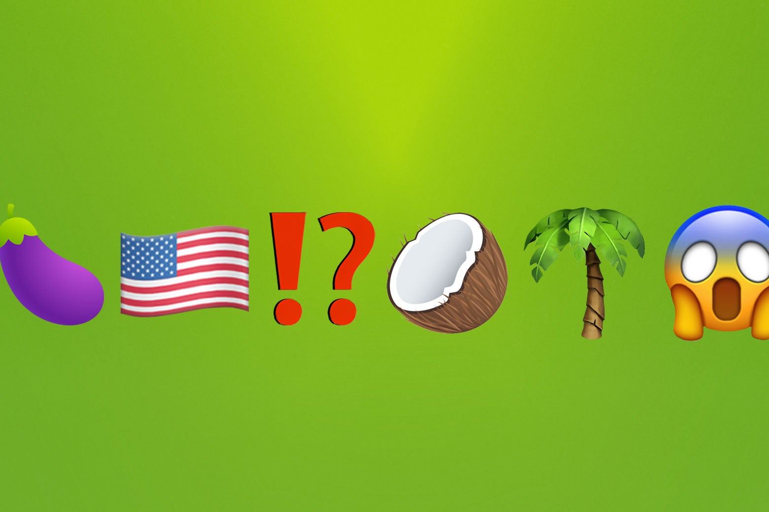 Emojis from left to right on a lime green background: eggplant, American flag, interrobang, coconut, palm tree, scream face with hands on cheeks