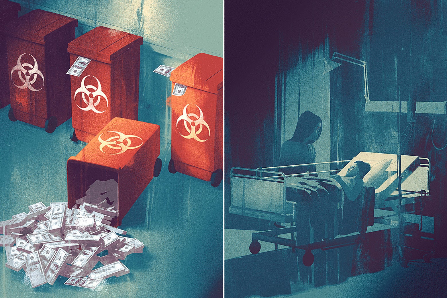 Diptych of a hazardous waste can with money falling out of it and a child on a hospital bed.