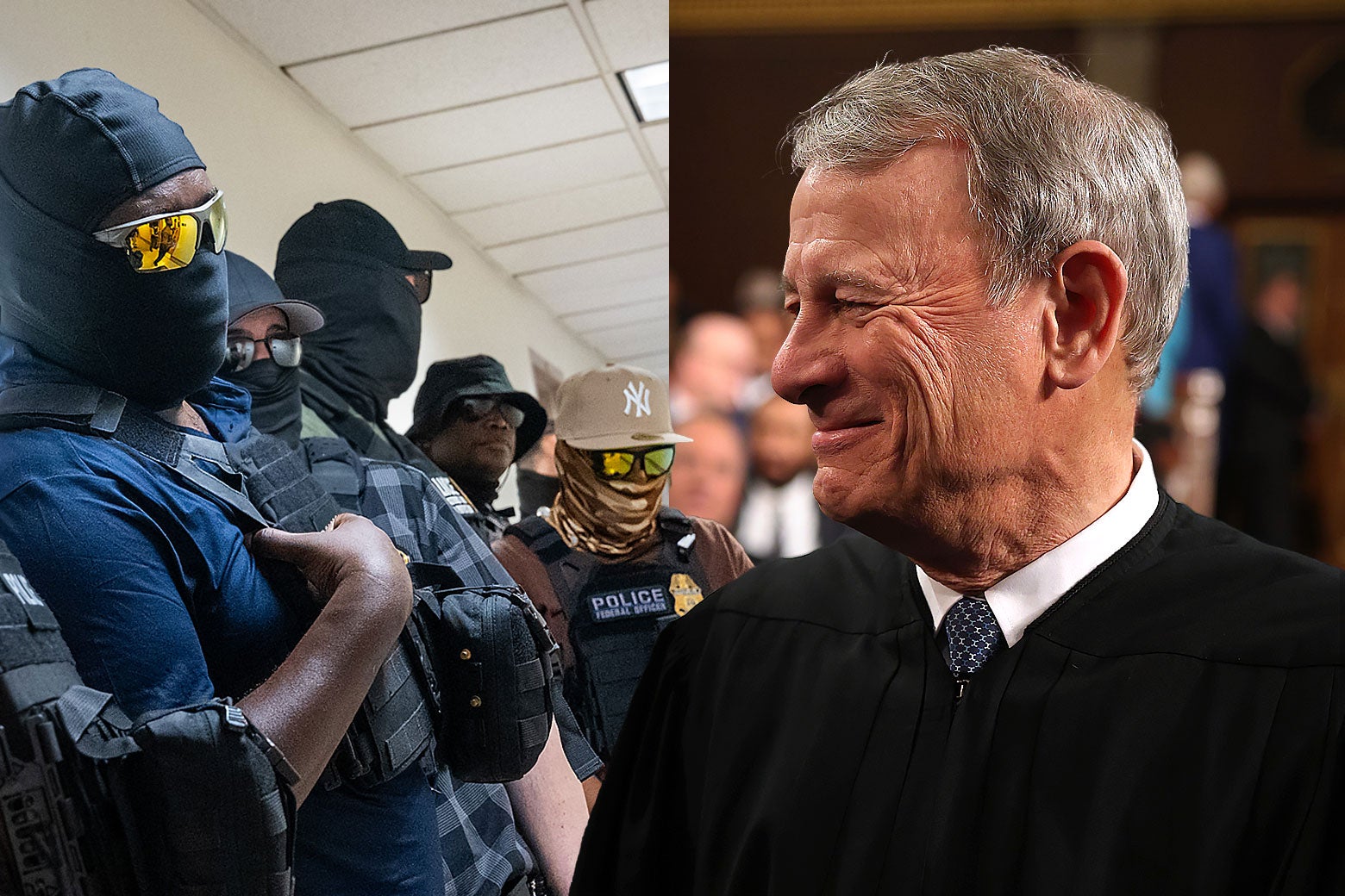 Auf der einen Seite maskierte ICE-Agenten, auf der anderen ein lächelnder John Roberts.