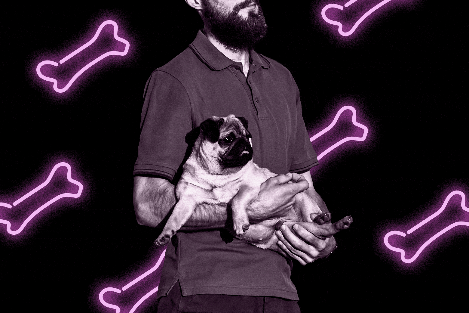 A bearded man holds a dog, with neon bones glowing around him