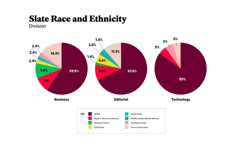 Three pie charts showing Slate race and ethnicity by division.