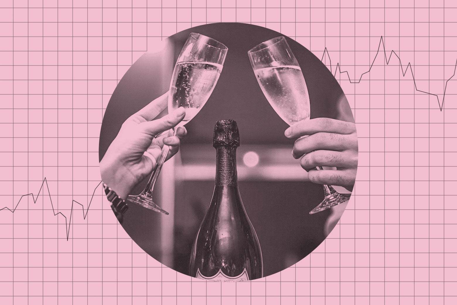 A bottle of champagne and two people cheersing with their champagne flutes.