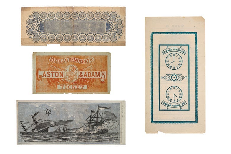 Backs of old voting ballots. One shows a sinking ship. Another has two clocks.
