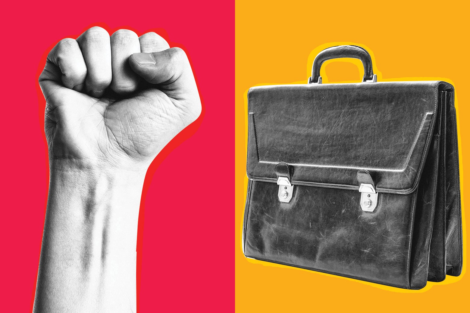 A fist thrust into the air on the left. A briefcase on the right.