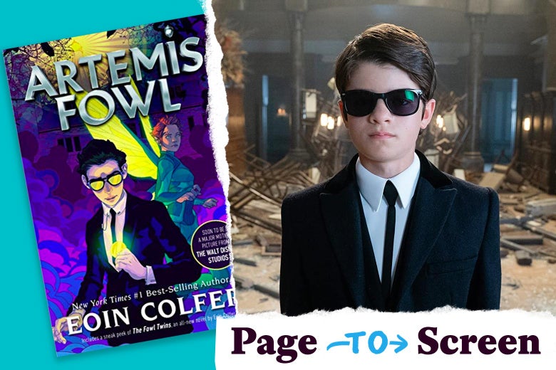 The cover of the book Artemis Fowl side by side with a photo of Ferdia Shaw acting as Artemis Fowl.