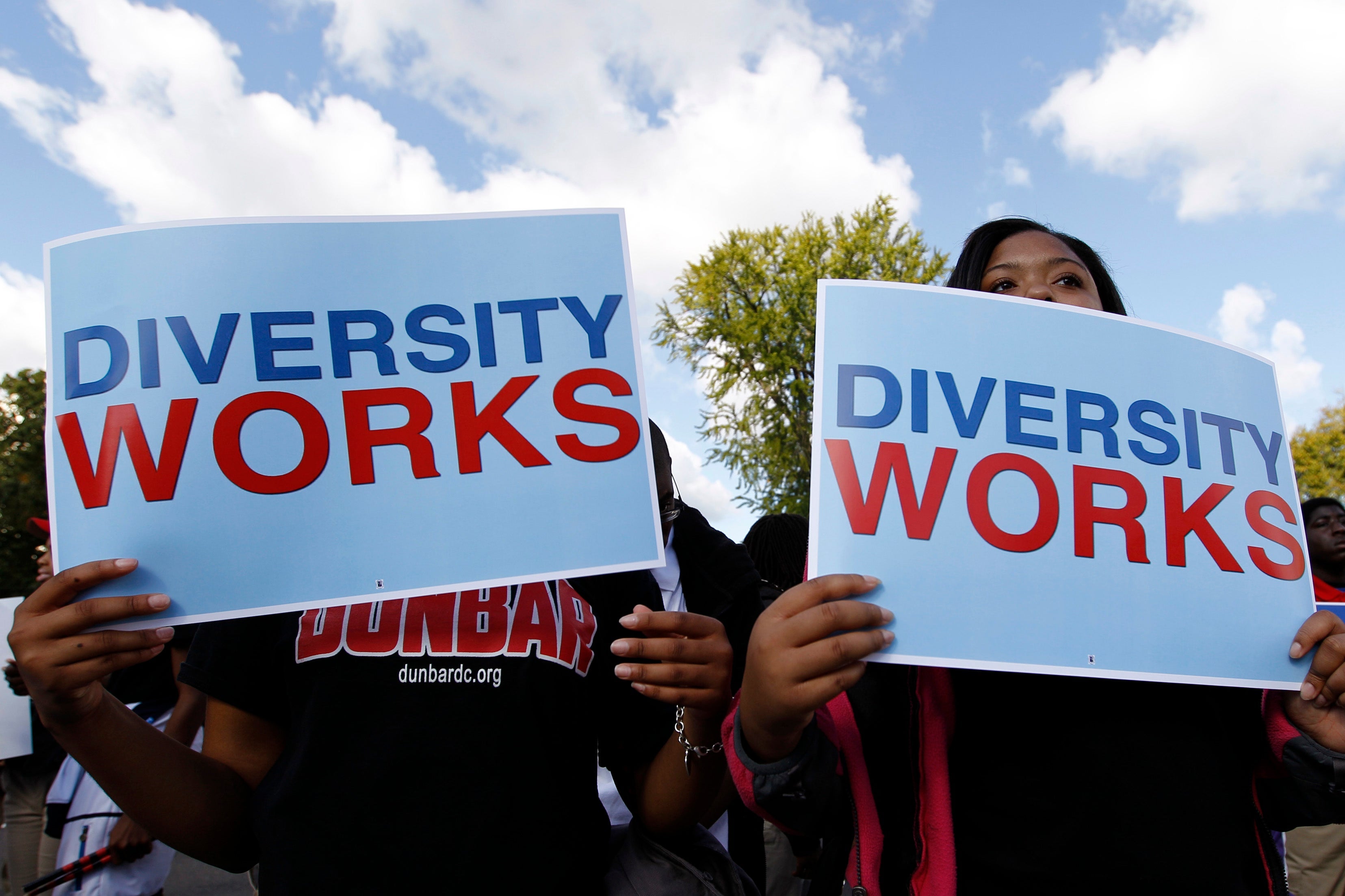 People hold up signs that say "Diversity Works" under a blue sky