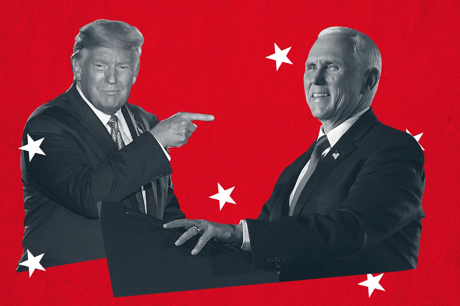 Donald Trump pointing at Mike Pence, seen against a red background and surrounded by white stars