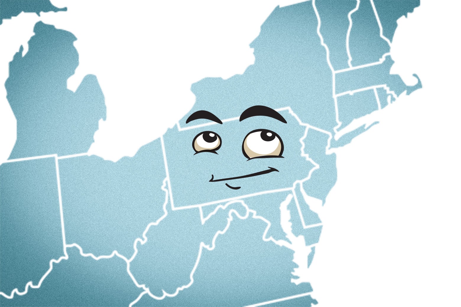 A map with the state of Pennsylvania with a cartoon face, looking smug.