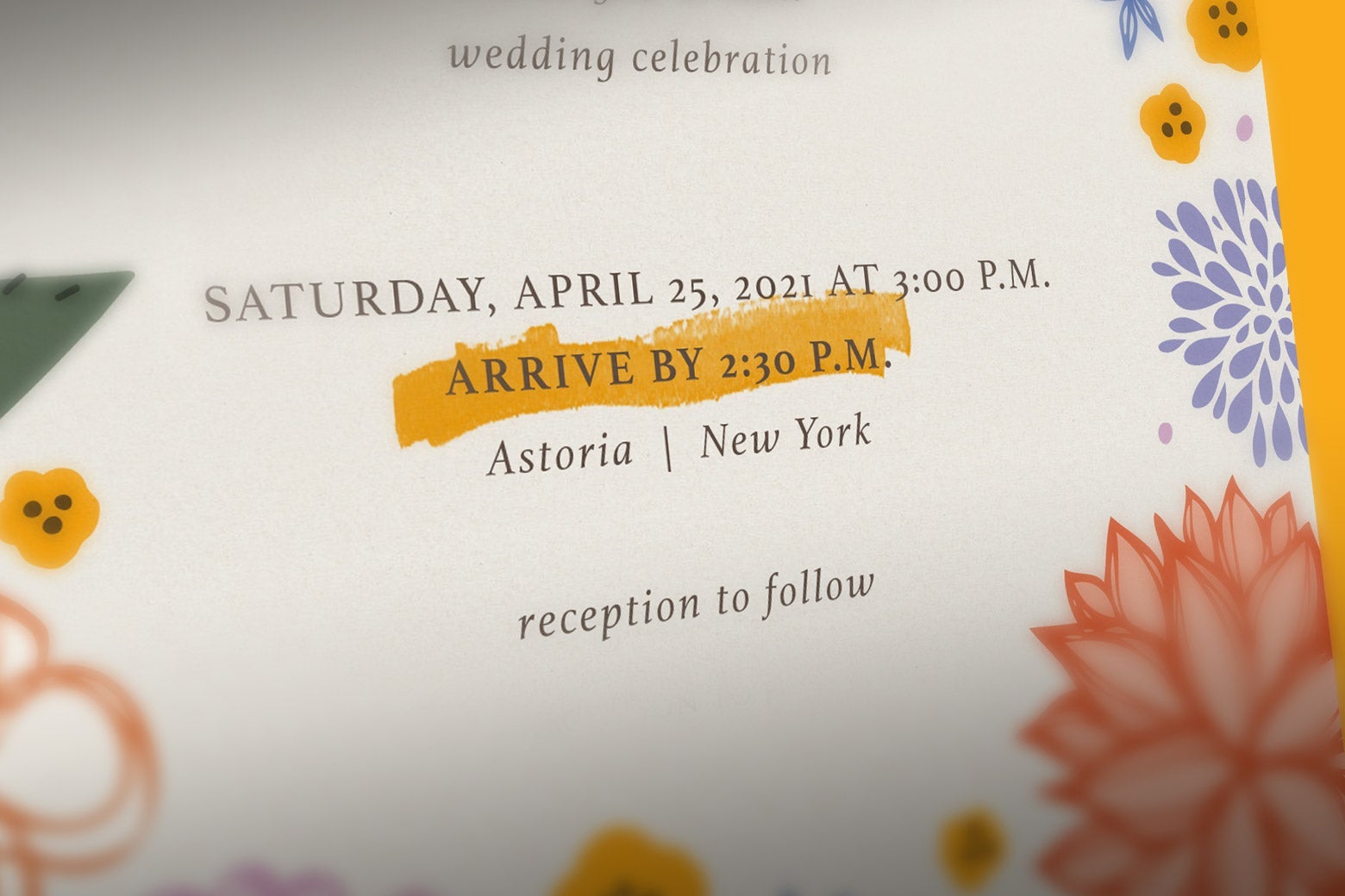 A wedding invitation with an arrive-by time highlighted