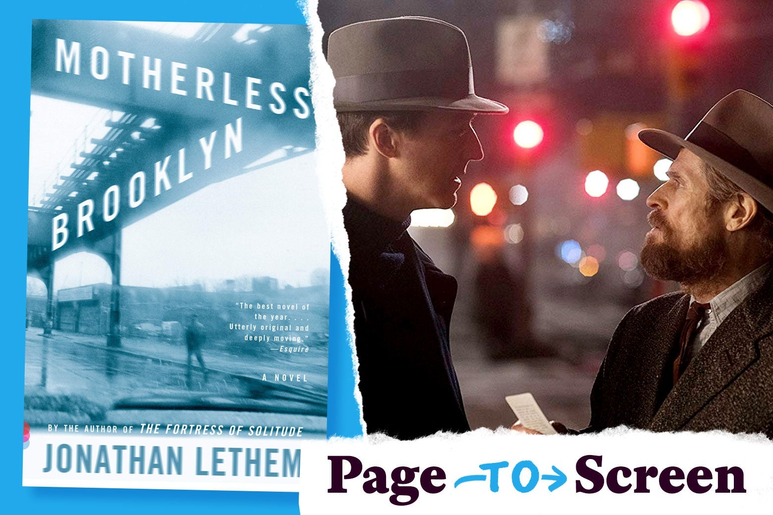 The book cover of Motherless Brooklyn, and a scene from its movie.