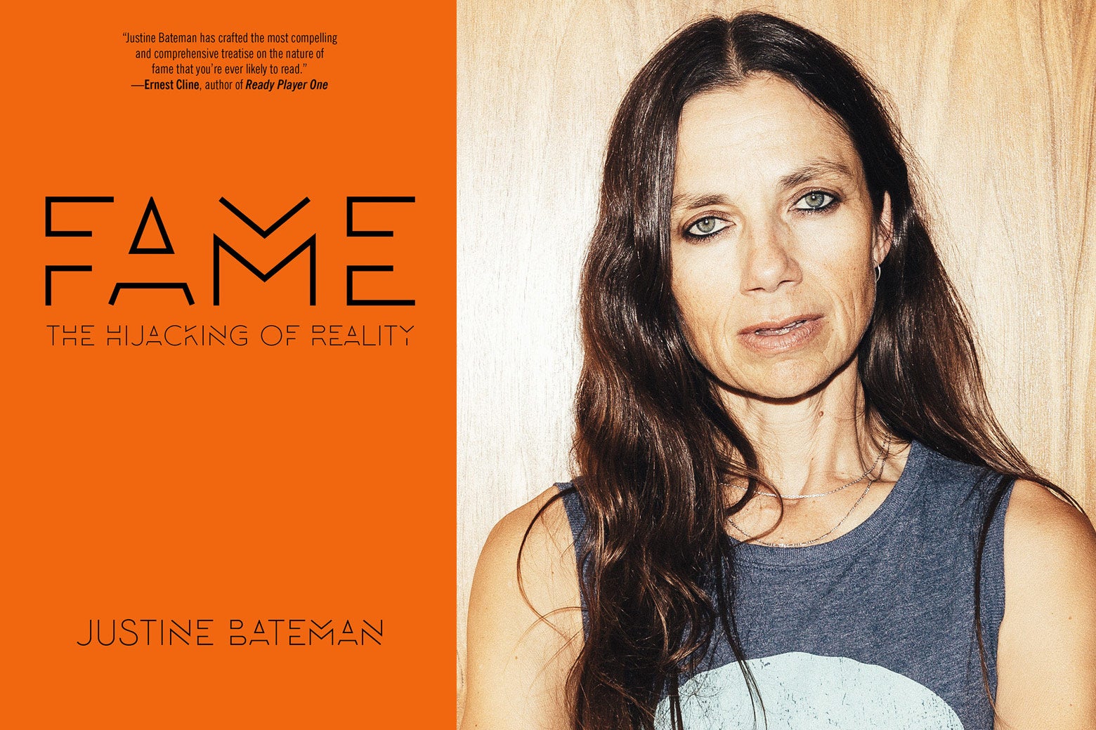 The cover of Fame: The Hijacking of Reality and a close-up of Justine Bateman, side by side.